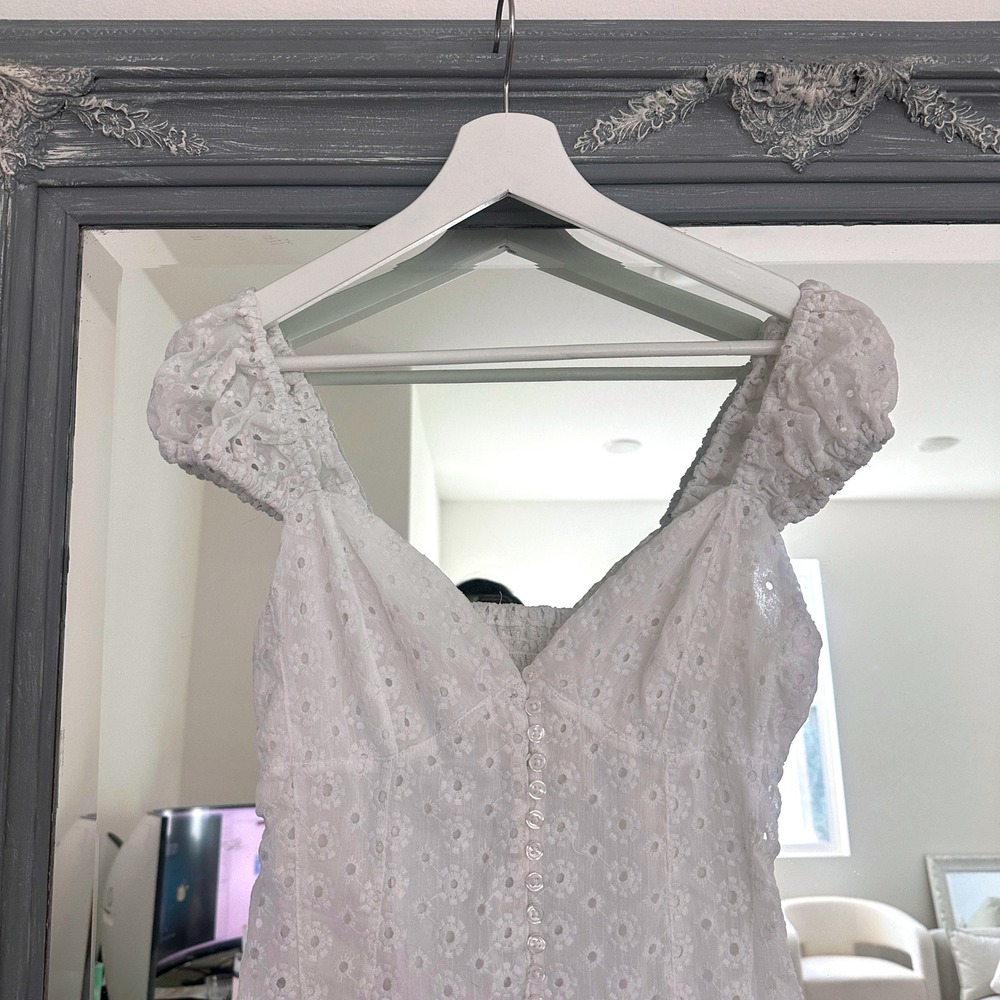 UO Kimchi Blue Leilani Eyelet Mini Dress Off Shoulder Smocked Back Cottagecore M - Picture 4 of 10